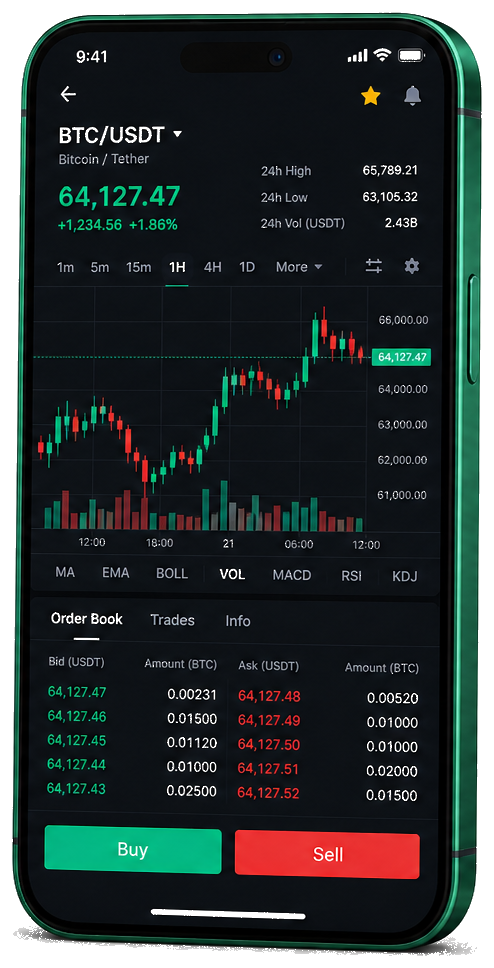 Aplicación móvil de Fuerte Inversonia para trading con gráficos en vivo de BTC/USDT, libro de órdenes y panel de control de operaciones